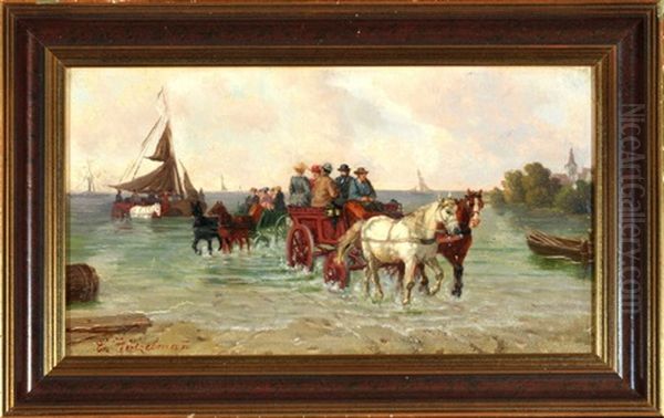 Personentransport Mit Pferdekutschen Am Meeresstrand Oil Painting by Eduard Goetzelmann