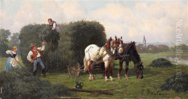 Een Landschap Met Landarbeiders Bij De Hooiwagen Met Paarden Oil Painting by Eduard Goetzelmann