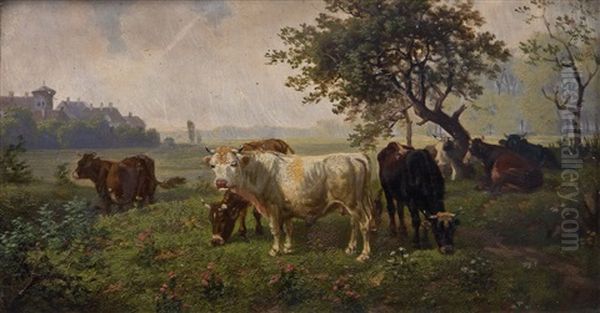 Kuhe Auf Der Weide Oil Painting by Eduard Goetzelmann