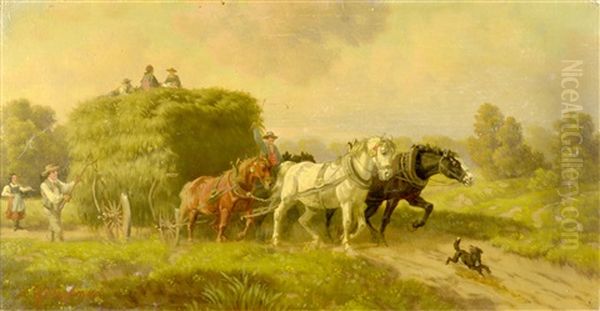 Hay Gathering Oil Painting by Eduard Goetzelmann