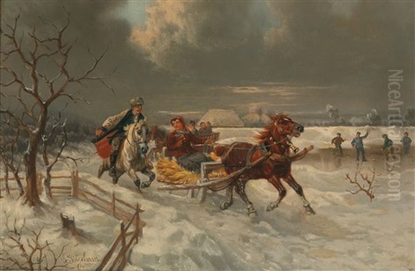 Ausfahrt Im Winter Oil Painting by Eduard Goetzelmann