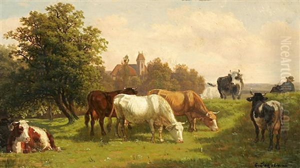 Der Viehhirte Mit Seiner Herde Auf Der Weide Oil Painting by Eduard Goetzelmann