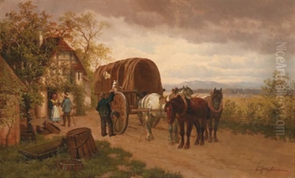 Ein Pferdefuhrwerk Vor Einem Bauernhaus Oil Painting by Eduard Goetzelmann