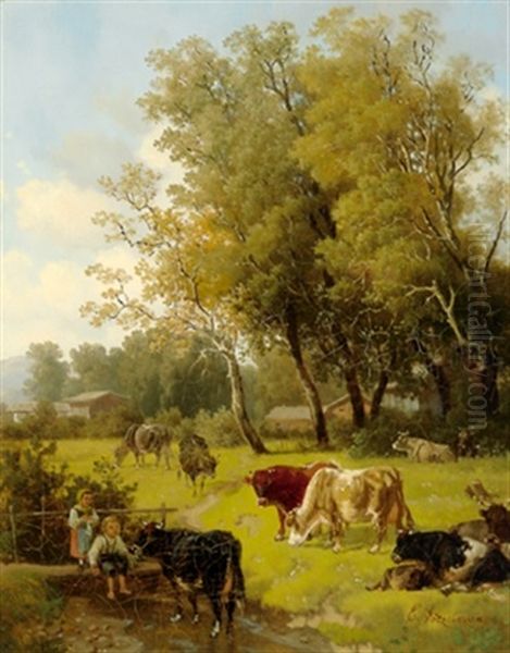 Landschaft Mit Kuhen Und Kindern Oil Painting by Eduard Goetzelmann