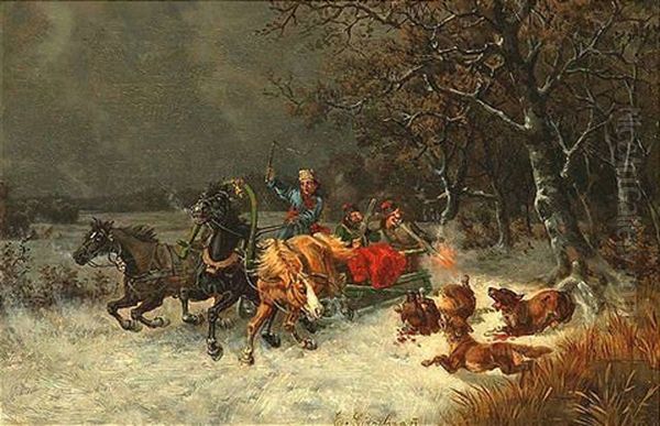 In Winterlicher Landschaft Wird Eine Troika Von Wolfen Angegriffen Oil Painting by Eduard Goetzelmann