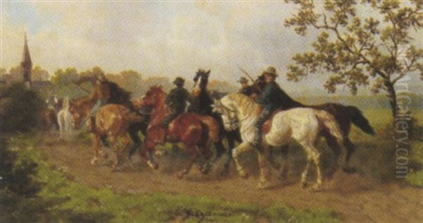 Reitergruppe Am Weg Zur Tranke Oil Painting by Eduard Goetzelmann