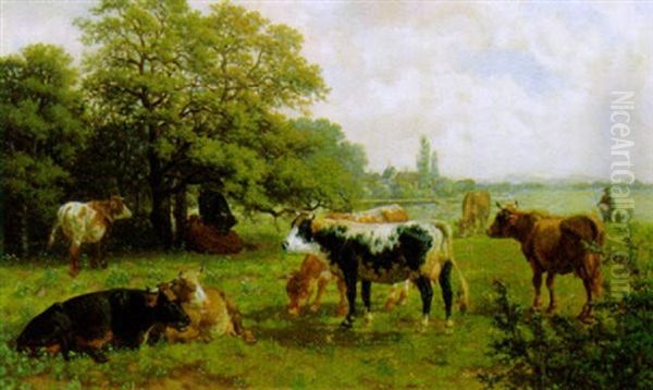 Kuhe Auf Der Weide Oil Painting by Eduard Goetzelmann