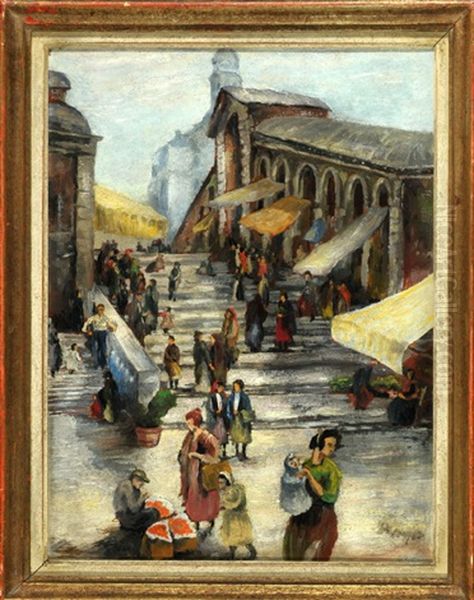 Belebte Marktszene Auf Der Rialtobrucke In Venedig Oil Painting by Hans Goetzinger