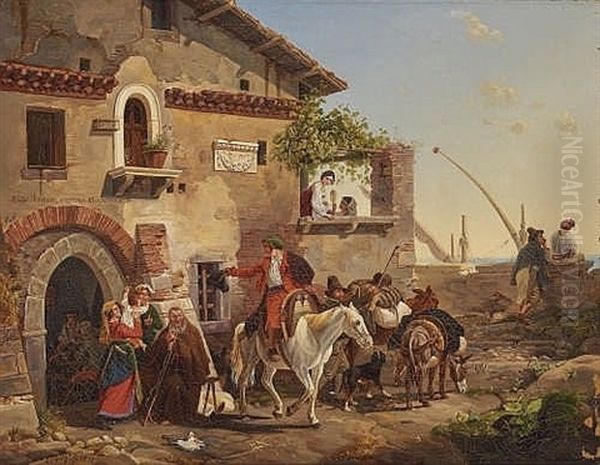 In Front Of An Italian Tavern Oil Painting by Carl (Karl) Wilhelm Goetzloff