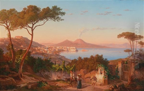 View Of The Bay Of Naples, Vesuvius In The Background Oil Painting by Carl (Karl) Wilhelm Goetzloff