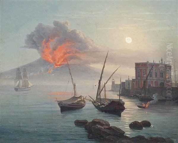 The Eruption Of Vesuvius, 1 May 1855 Oil Painting by Carl (Karl) Wilhelm Goetzloff