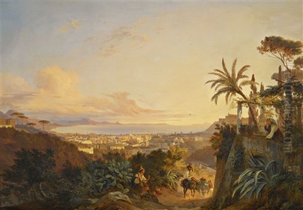 The Gulf Of Naples, Viewed From The Capo Di Monte Oil Painting by Carl (Karl) Wilhelm Goetzloff