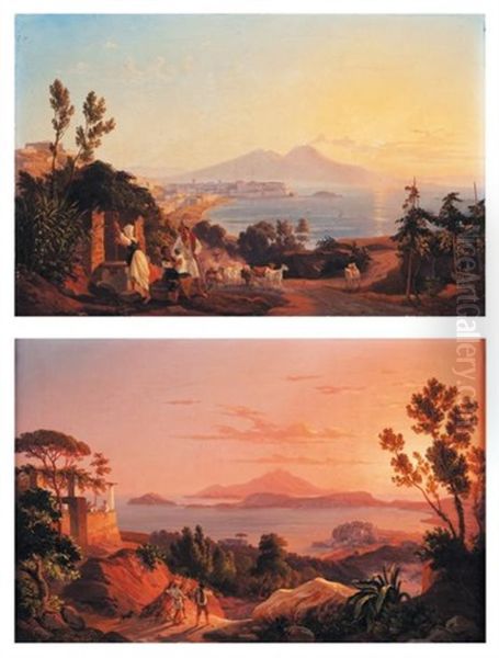 Vues D'italie Naples Du Posilip (+ Le Golfe De Baja, Lrgr; Pair) Oil Painting by Carl (Karl) Wilhelm Goetzloff