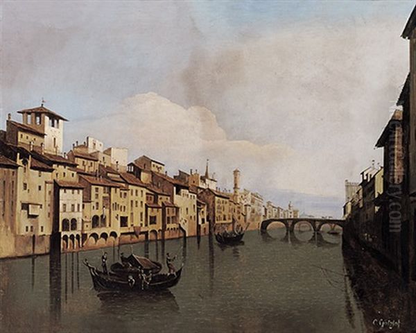 Blick Uber Den Arno Auf Malerische Hauserfront In Florenz Oil Painting by Carl (Karl) Wilhelm Goetzloff