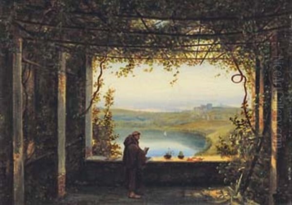 Blick Von Der Pergola Des Kapuziner-klosters In Nemi Auf Den See Und Das Stadtchen Genzano, Mit Einem Monch Im Vordergrund Oil Painting by Carl (Karl) Wilhelm Goetzloff