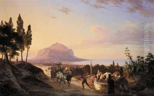 View Of Palermo With Monte Pellegrino Oil Painting by Carl (Karl) Wilhelm Goetzloff