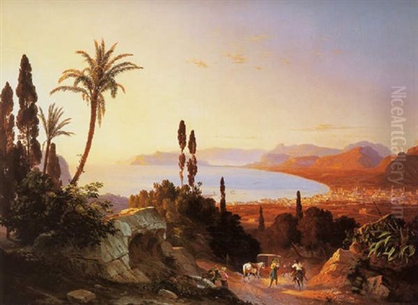 Gulf Of Palermo Looking Towards Cape Zafferano Oil Painting by Carl (Karl) Wilhelm Goetzloff