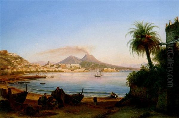 A View Of The Neapolitan Bay With The Vesuvius In The Background Oil Painting by Carl (Karl) Wilhelm Goetzloff