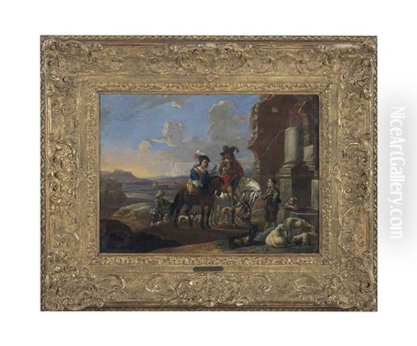 A Hawking Party Beside Classical Ruins Oil Painting by Antoon Goubau