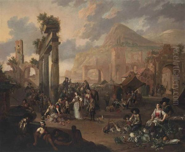 An Italianate Classical Landscape With Figures Gathered Around A Stage And Peasants At A Market, Mountains Beyond Oil Painting by Antoon Goubau