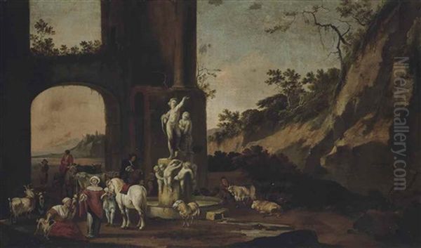 A Rocky Landscape With Figures, Horses, Goats, Bulls And Sheep By A Fountain Oil Painting by Antoon Goubau