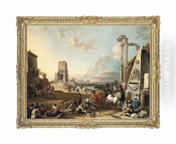 An Italianate Classical Landscape With Figures Resting Near A Fountain, Others Making Merry, A Town By A River Beyond Oil Painting by Antoon Goubau