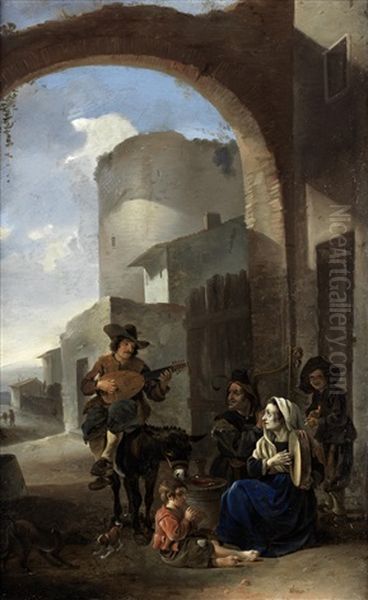 Peasants And Travellers Making Music; And Peasants Before Church Steps (pair) Oil Painting by Antoon Goubau