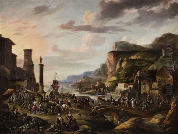 A View Of A Southern Harbour With A Market Scene Oil Painting by Antoon Goubau