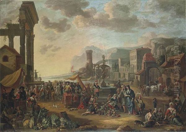 A Capriccio Of A Mediterranean Port City With A Market, A Commedia Dell'arte Performing Oil Painting by Antoon Goubau