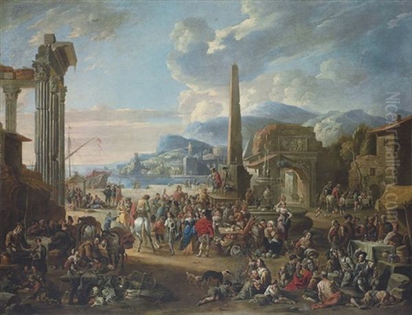 A Capriccio Of A Mediterranean Port With Roman Ruins Oil Painting by Antoon Goubau