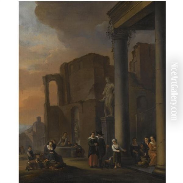 A Capriccio Scene With Classical Ruins And Figures Selling Fruit And Vegetables In The Foreground Oil Painting by Antoon Goubau