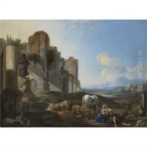 Italian Landscape With A Shepherdess And Ruins Oil Painting by Antoon Goubau