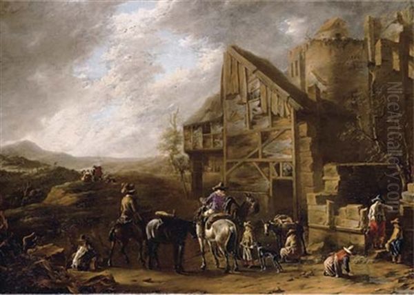 Travellers At Rest Near A Fortified Village In Ruins Oil Painting by Antoon Goubau