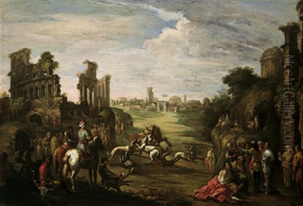 Un Toro Assalito Da Cani (festa Alla Tenuta Della Maglia In Roma Dei Principi Odescalchi) Oil Painting by Antoon Goubau