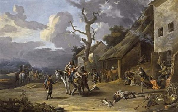 Mercenaries Plundering A Village Oil Painting by Antoon Goubau