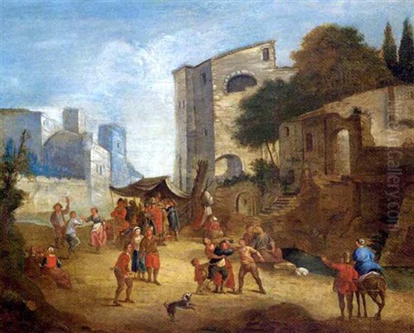 An Italianate Townscape With Peasants Brawling Oil Painting by Antoon Goubau