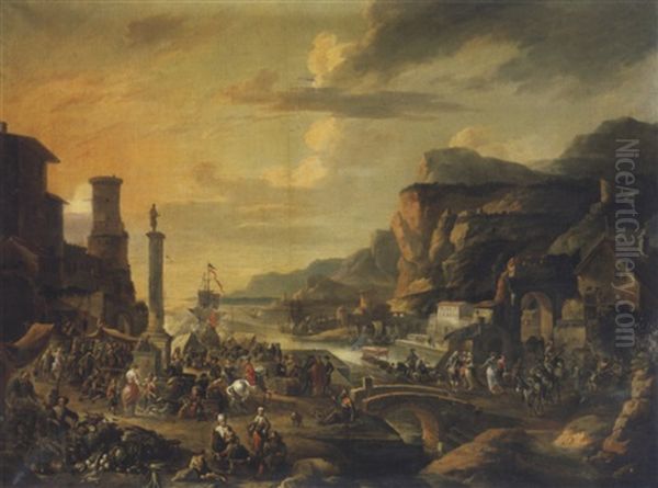 Un Marche Pres D'un Port Dans Un Paysage Montagneux Oil Painting by Antoon Goubau