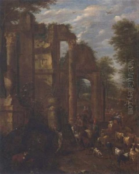 An Italianate Landscape With Classical Ruins And Drovers And Their Cattle And Travellers On A Track Oil Painting by Antoon Goubau