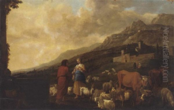 A Shepherd And Shepherdess With Cattle, Sheep And Goats In A Landscape, A Village Beyond Oil Painting by Antoon Goubau