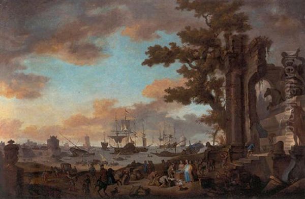 A Mediterranean Coastal Inlet With Merchants By Classical Ruins Oil Painting by Antoon Goubau