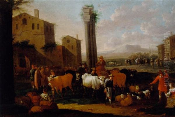 Drovers With Cattle In An Italianate Landscape Oil Painting by Antoon Goubau