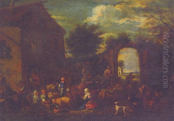 Drovers With Cattle And Sheep In Farmyard Oil Painting by Antoon Goubau