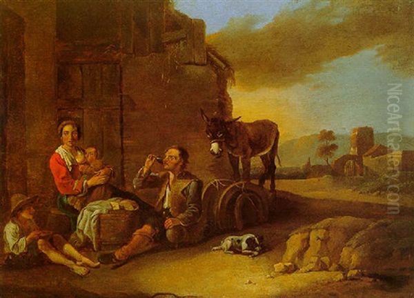 An Italianate Landscape With A Woman Suckling Her Child And A Man Drinking By A Cottage Oil Painting by Antoon Goubau