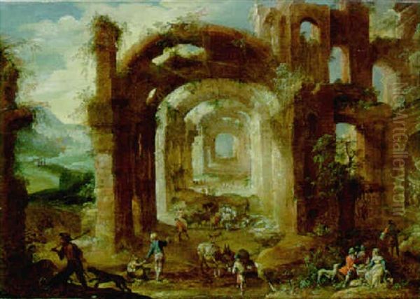 A Capriccio Of Classical Ruins With Peasants And Their Herds Oil Painting by Antoon Goubau