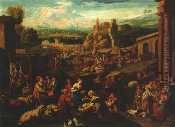 A Market In An Extensive Italianate Landscape Oil Painting by Antoon Goubau