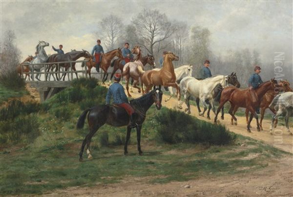 Soldiers Leading Horses Over A Bridge Oil Painting by Jean Richard Goubie