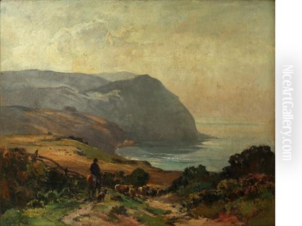 Lynmouth Coastal Scene, With Farmer And Sheep On A Track Oil Painting by Alexander Carruthers Gould