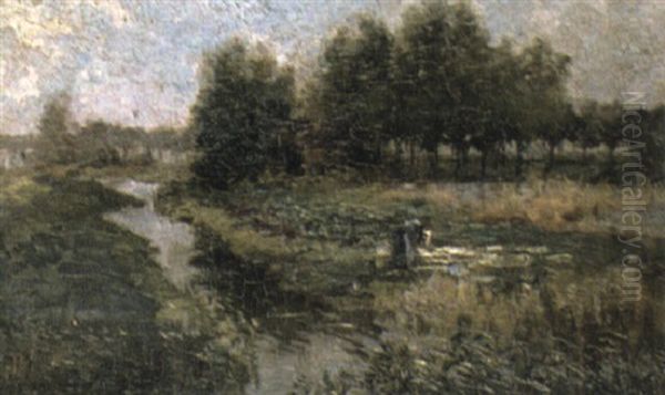 Gathering Flowers Along A Riverbank Oil Painting by Alexander Carruthers Gould