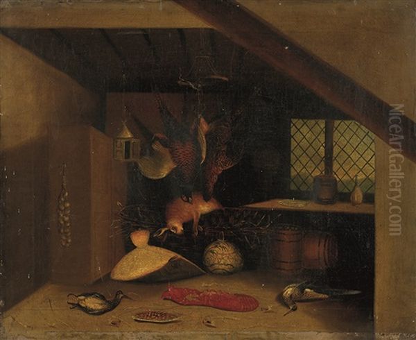 Interior Still Life With Pheasants, Snipe, Hare, Flounder And Crayfish Oil Painting by William Buelow Gould