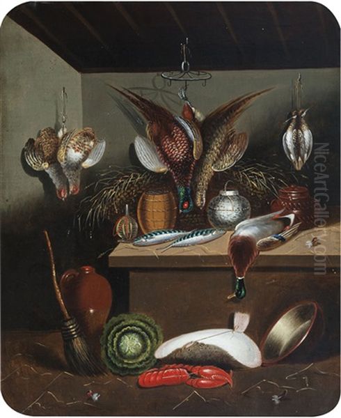 Interior With Pheasant,a Duck And Fish Oil Painting by William Buelow Gould